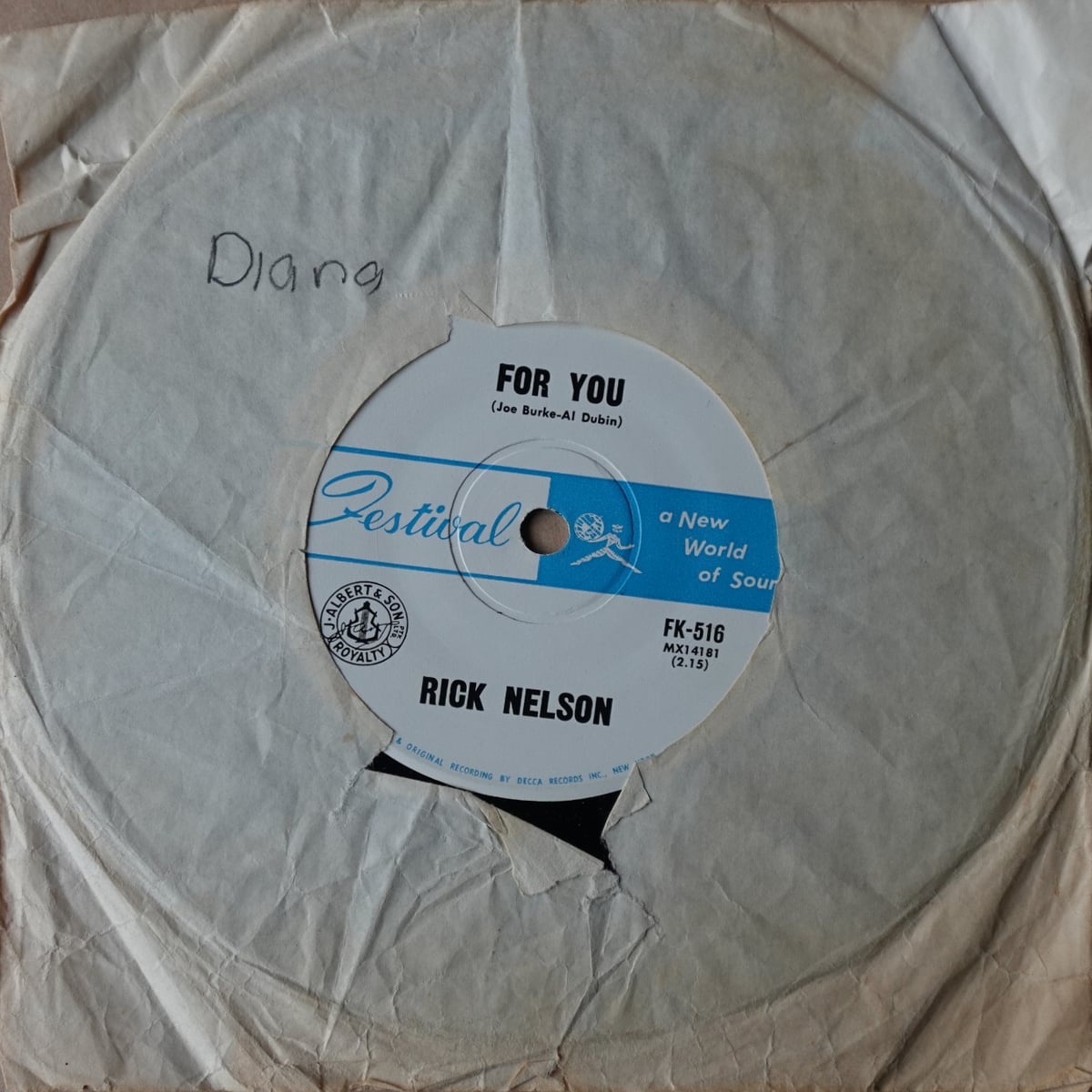 Ricky Nelson – For You / That's All She Wrote vinyl cover