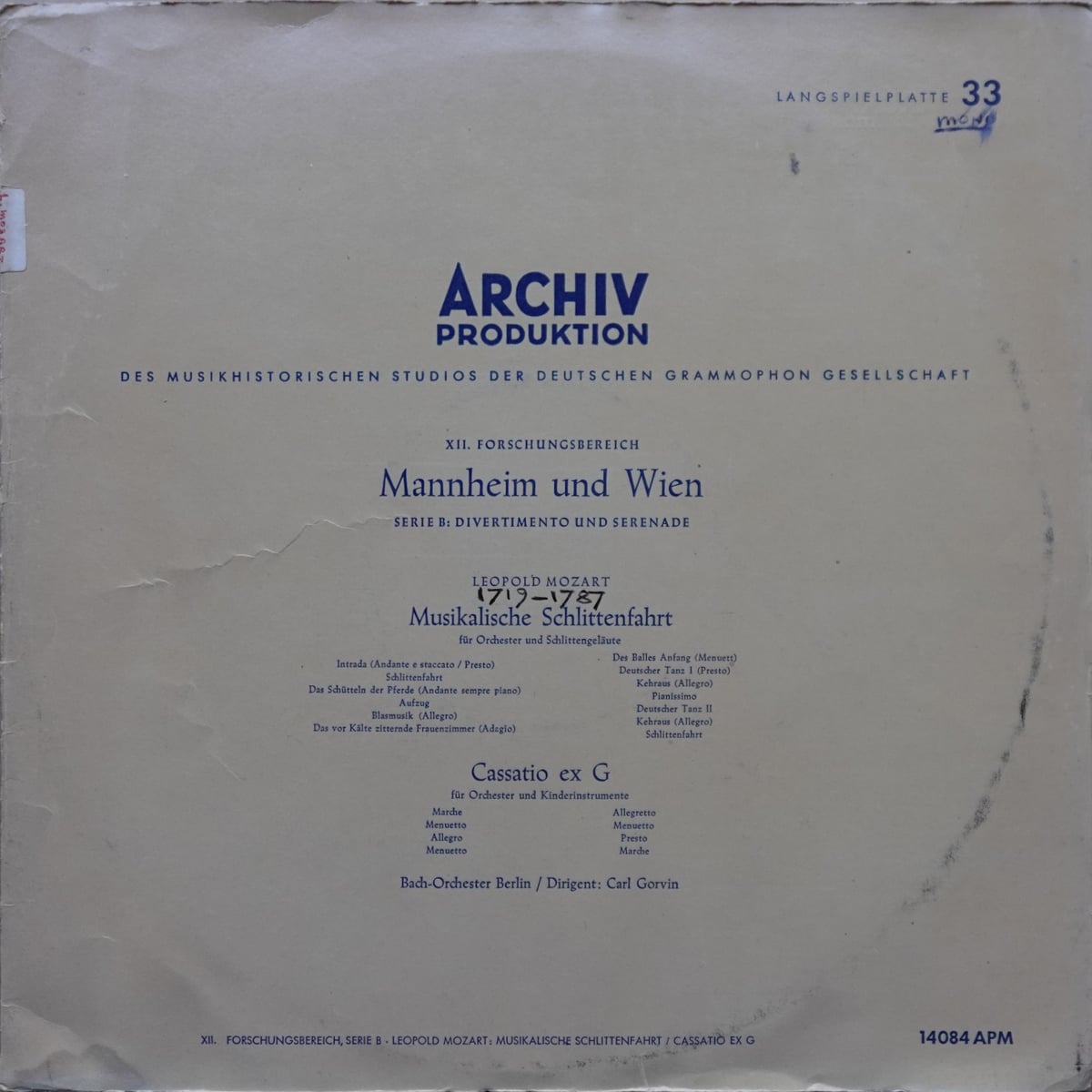 Leopold Mozart, Carl Gorvin, Bach-Orchester Berlin – Musikalische Schlittenfahrt / Cassatio Ex G vinyl cover