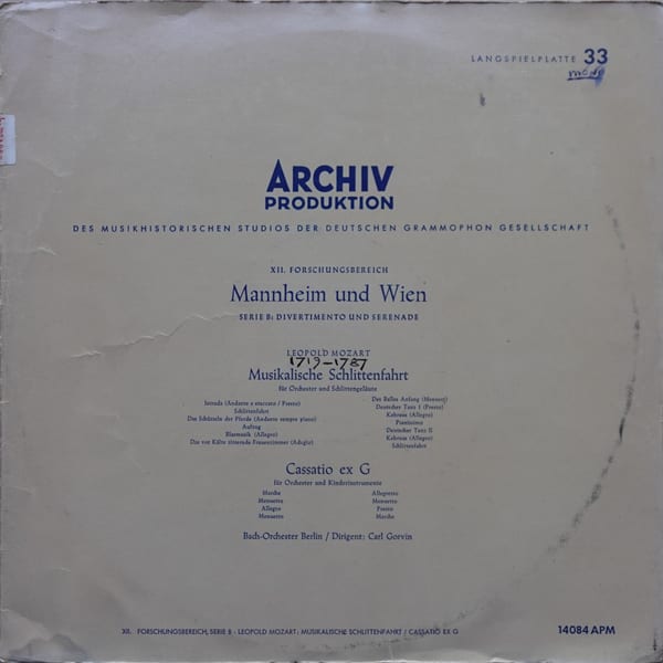 Leopold Mozart, Carl Gorvin, Bach-Orchester Berlin – Musikalische Schlittenfahrt / Cassatio Ex G vinyl cover