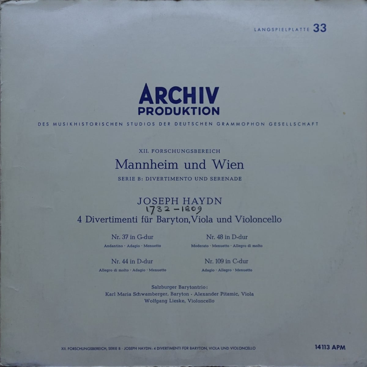 Joseph Haydn, Salzburger Baryton Trio, Karl-Maria Schwamberger, Alexander Pitamic, Wolfgang Lieske – 4 Divertimenti Für Baryton, Viola Und Violoncello (Nr. 37 In G-Dur / Nr. 48 In D-Dur / Nr. 44 In D-Dur / Nr. 109 In C-Dur) vinyl cover