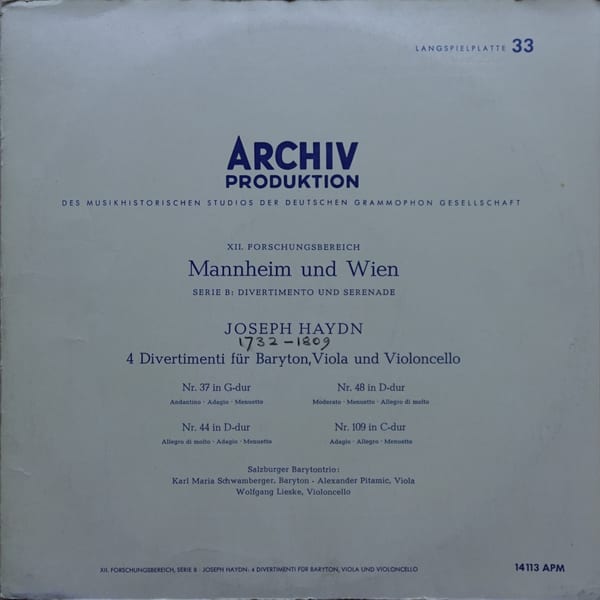 Joseph Haydn, Salzburger Baryton Trio, Karl-Maria Schwamberger, Alexander Pitamic, Wolfgang Lieske – 4 Divertimenti Für Baryton, Viola Und Violoncello (Nr. 37 In G-Dur / Nr. 48 In D-Dur / Nr. 44 In D-Dur / Nr. 109 In C-Dur) vinyl cover