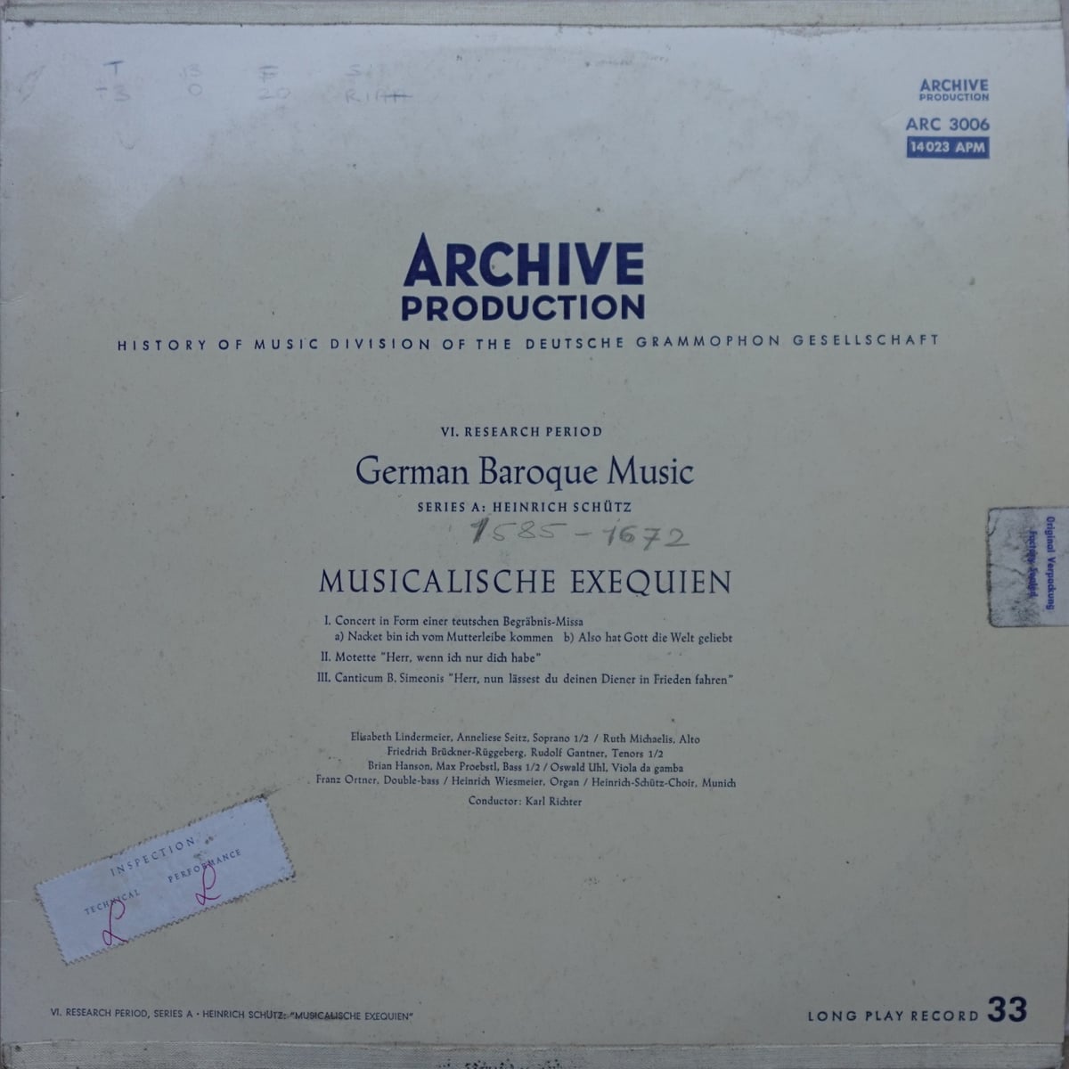 Heinrich-Schütz-Chor München, Karl Richter, Heinrich Schütz – Musicalische Exequien vinyl cover