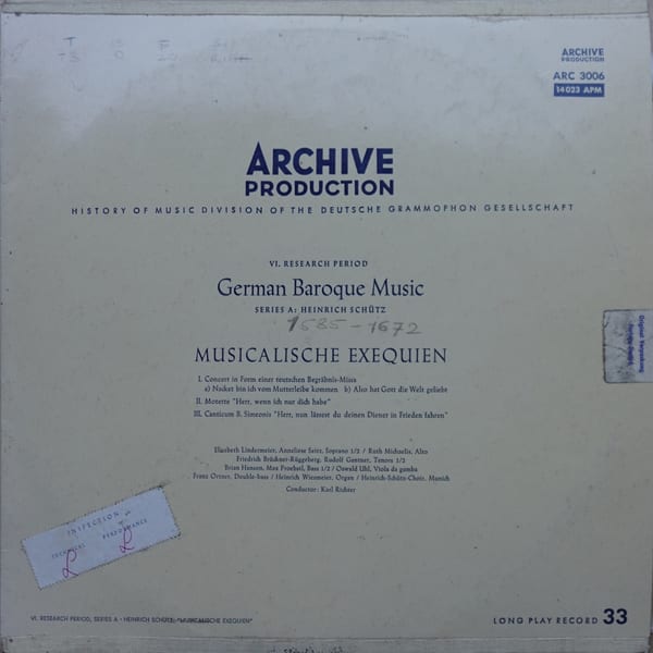Heinrich-Schütz-Chor München, Karl Richter, Heinrich Schütz – Musicalische Exequien vinyl cover