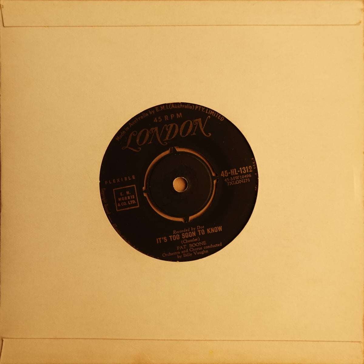 Pat Boone – It's Too Soon To Know vinyl cover