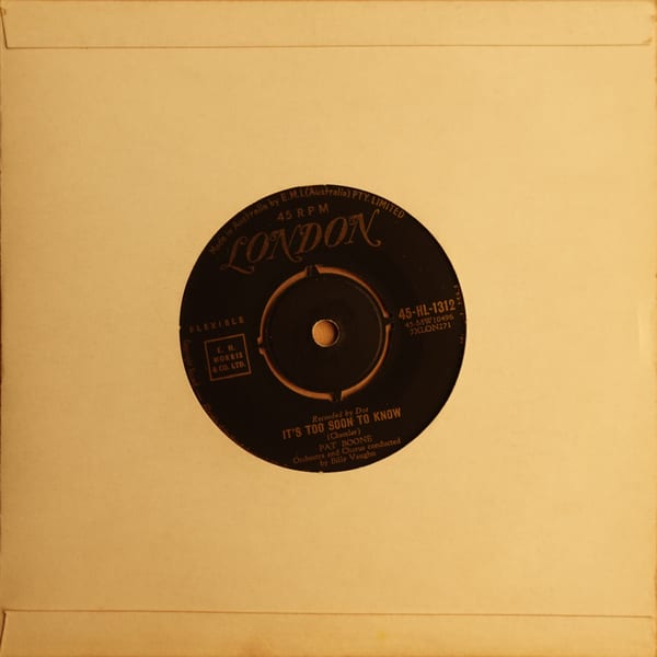 Pat Boone – It's Too Soon To Know vinyl cover