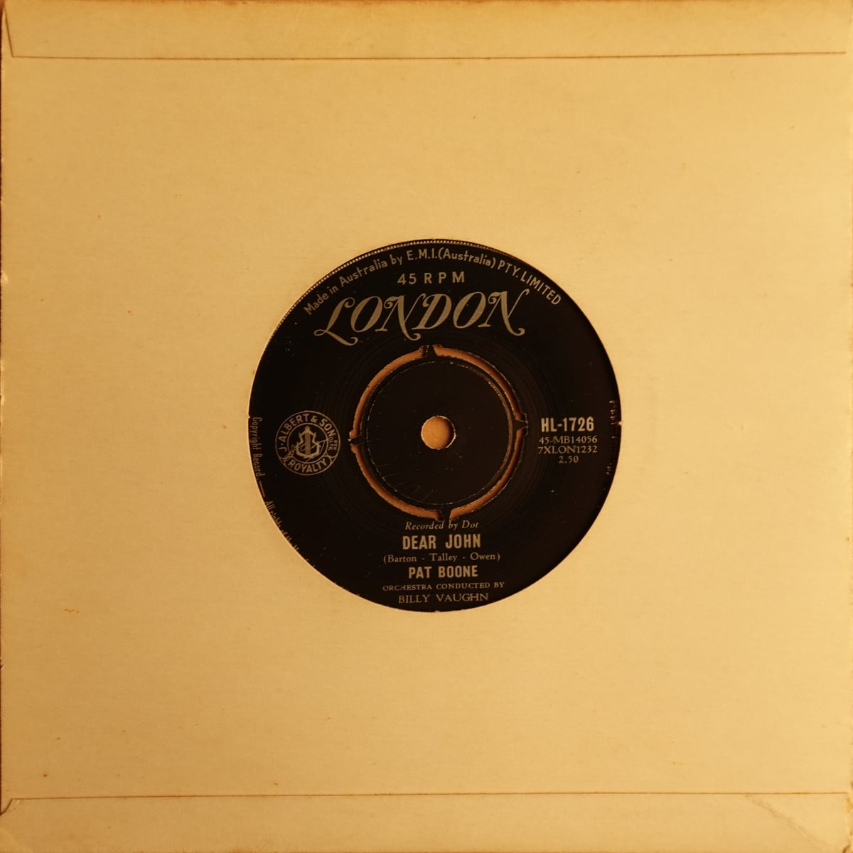 Pat Boone – Dear John / Alabam vinyl cover