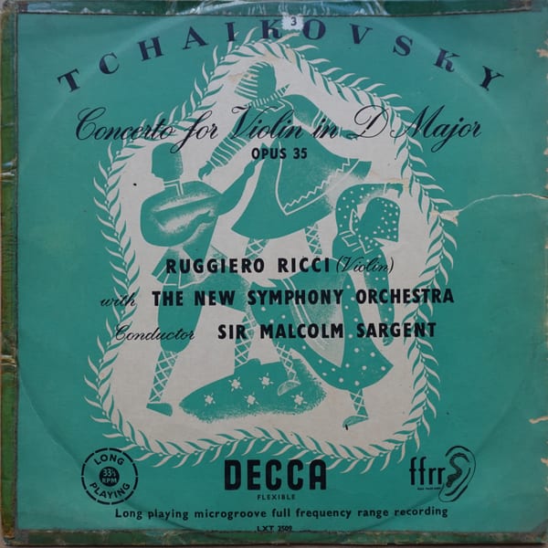 Pyotr Ilyich Tchaikovsky, Ruggiero Ricci, The New Symphony Orchestra Of London, Sir Malcolm Sargent – Concerto For Violin In D Major, Opus 35 vinyl cover