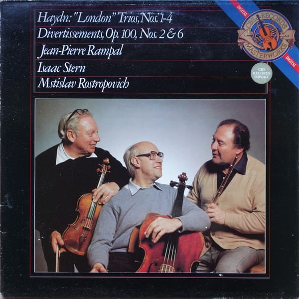 Joseph Haydn, Jean-Pierre Rampal, Isaac Stern, Mstislav Rostropovich – London Trio No. 1 to No. 4 / Divertissement No. 2, And No. 6 Op.100 vinyl cover